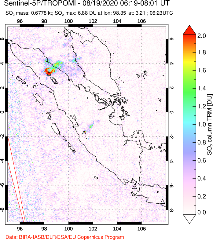 A sulfur dioxide image over Sumatra, Indonesia on Aug 19, 2020.
