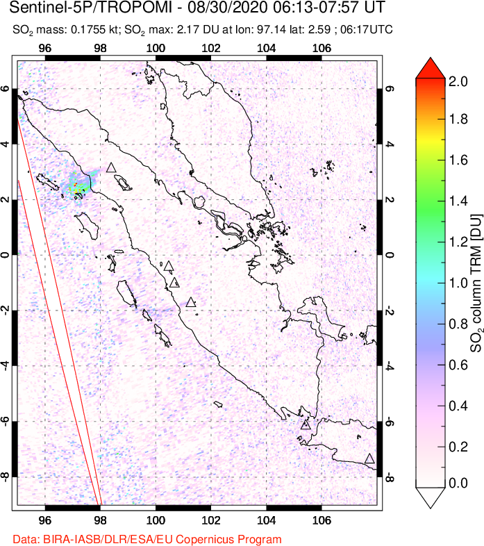 A sulfur dioxide image over Sumatra, Indonesia on Aug 30, 2020.