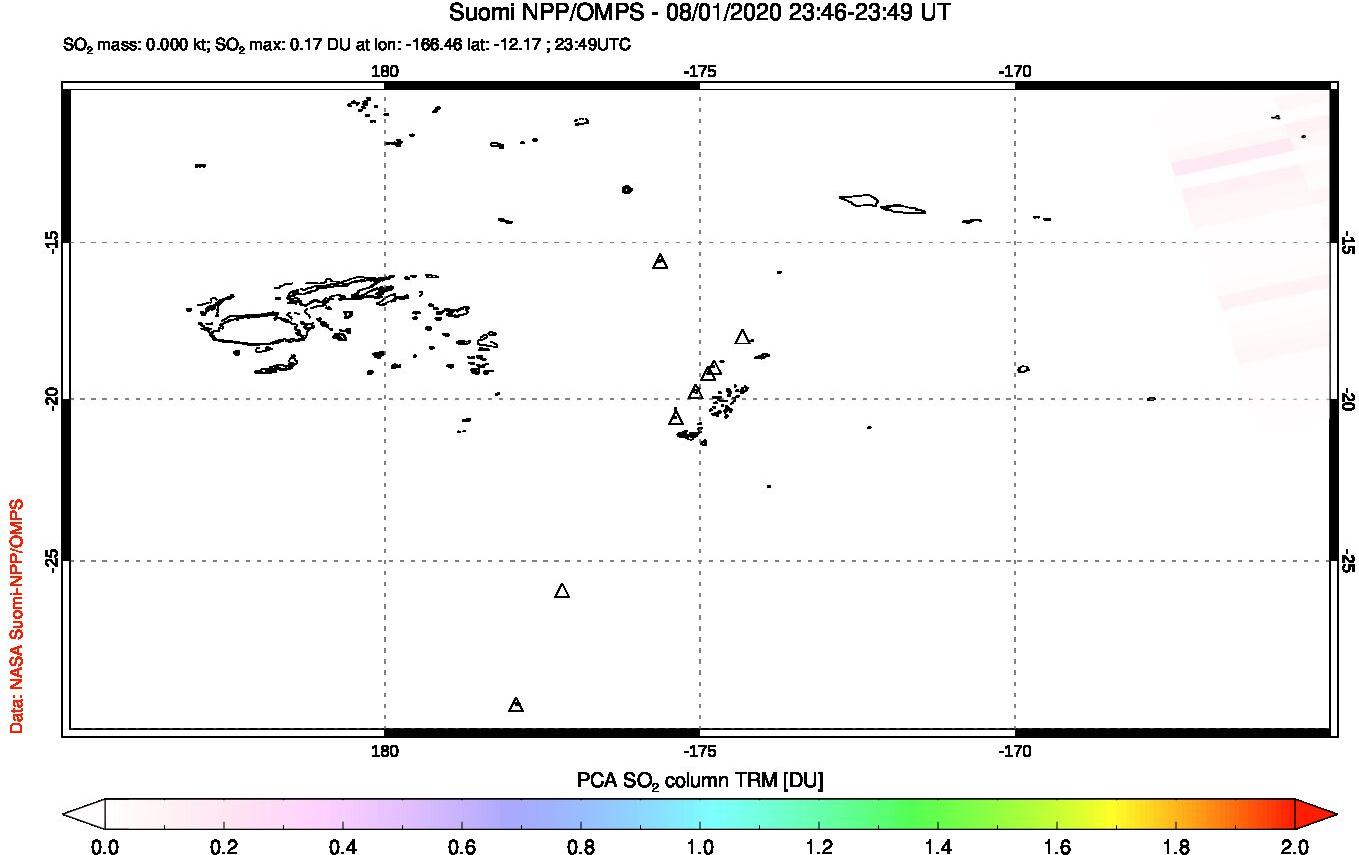 A sulfur dioxide image over Tonga, South Pacific on Aug 01, 2020.