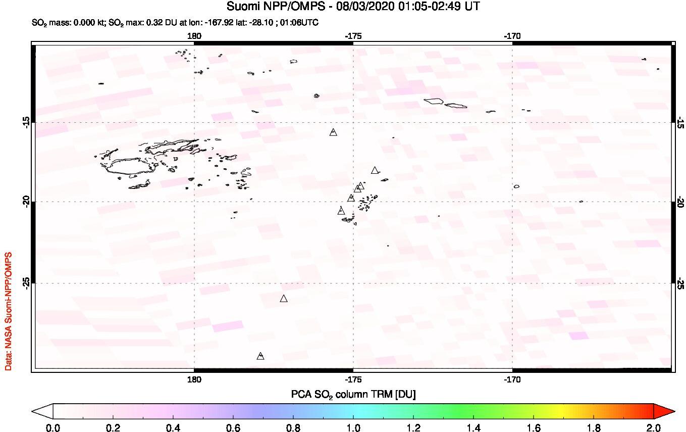 A sulfur dioxide image over Tonga, South Pacific on Aug 03, 2020.