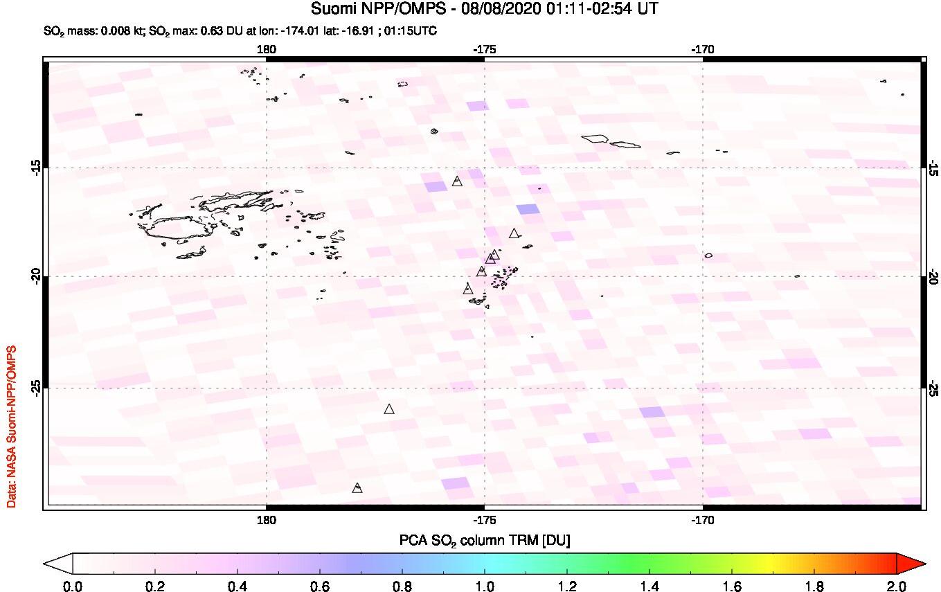 A sulfur dioxide image over Tonga, South Pacific on Aug 08, 2020.