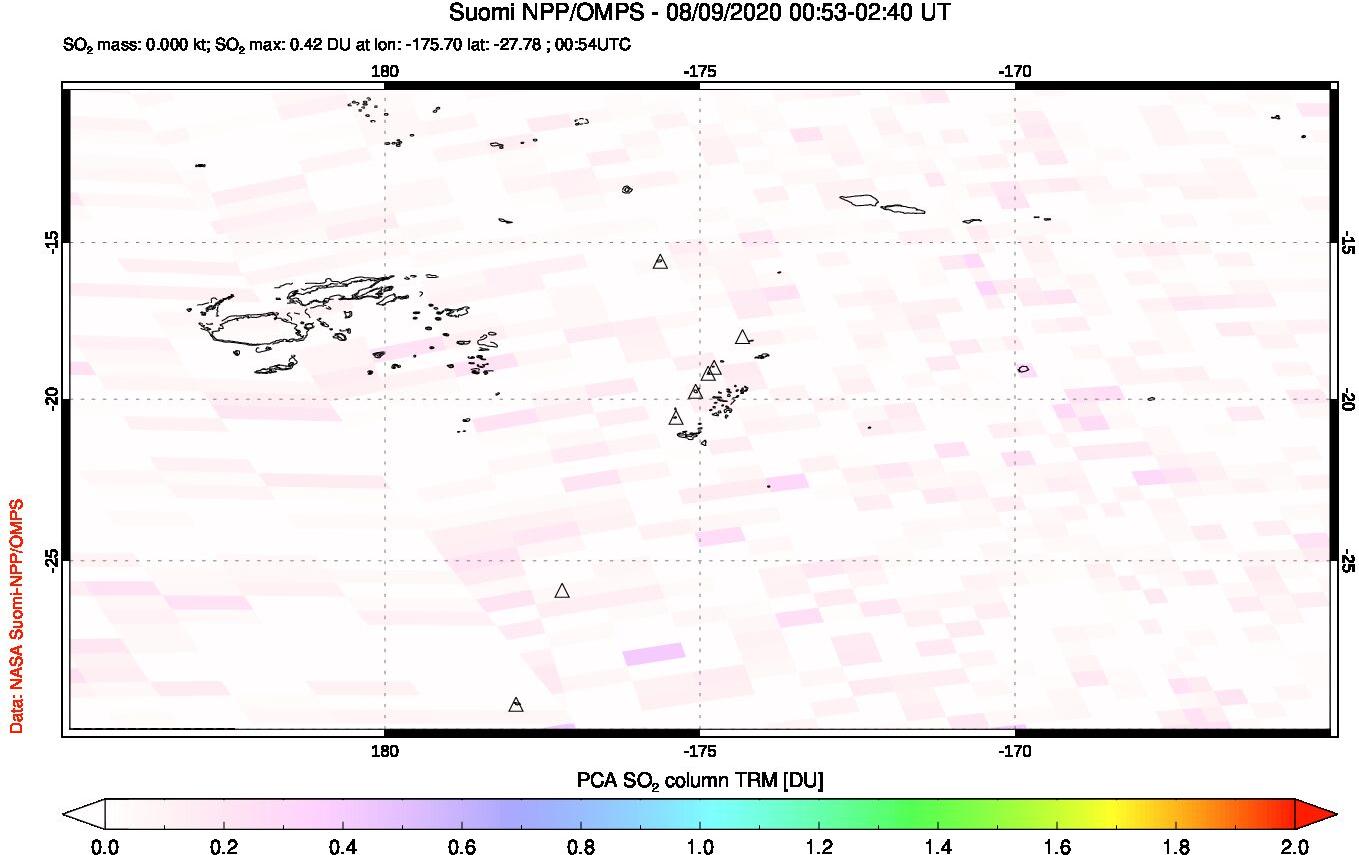 A sulfur dioxide image over Tonga, South Pacific on Aug 09, 2020.