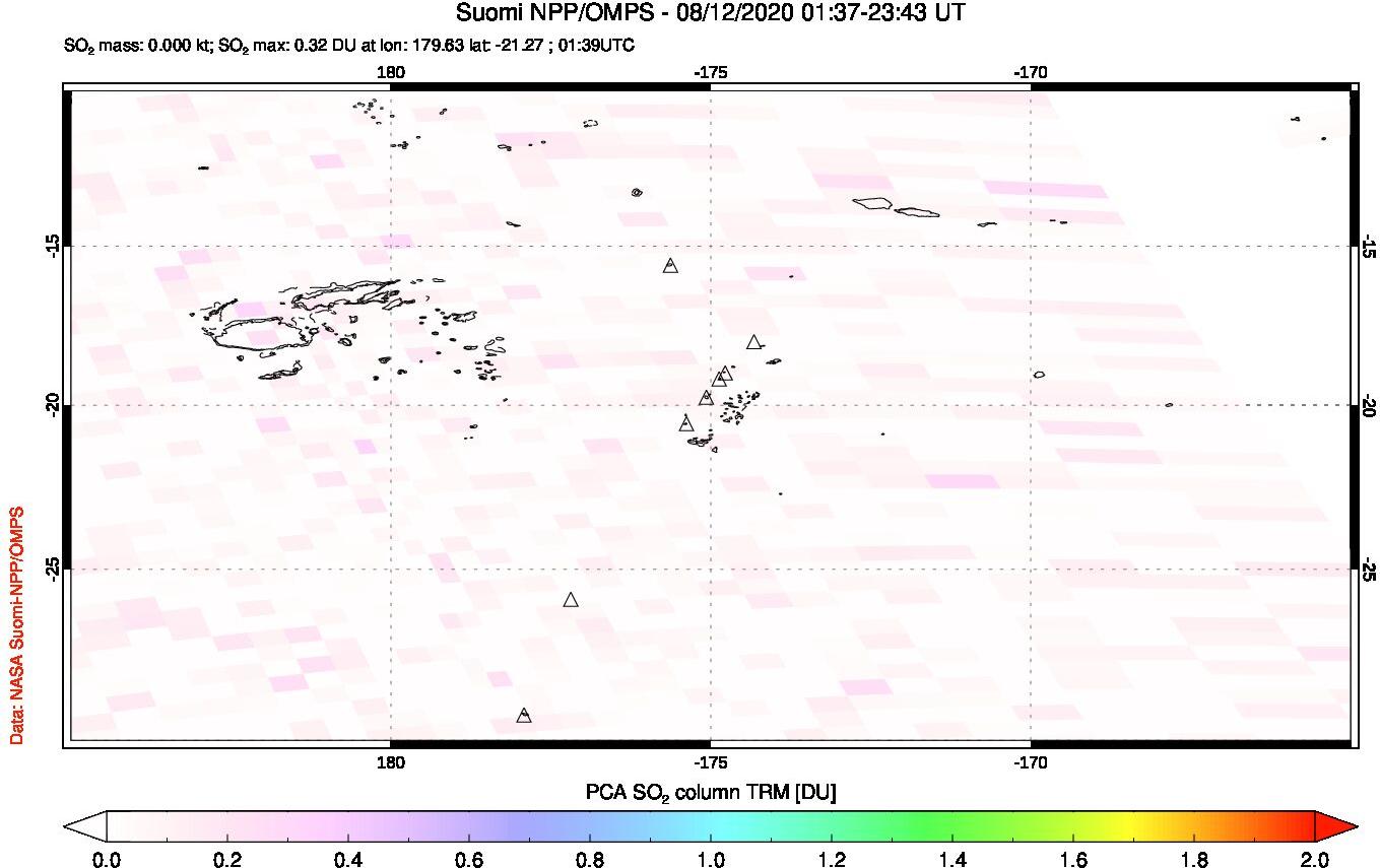 A sulfur dioxide image over Tonga, South Pacific on Aug 12, 2020.