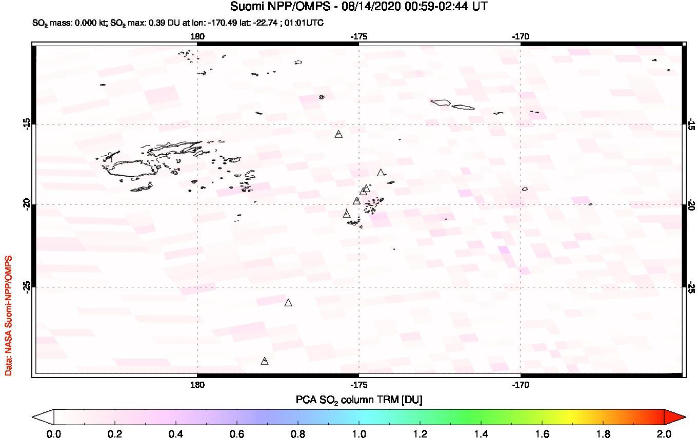 A sulfur dioxide image over Tonga, South Pacific on Aug 14, 2020.