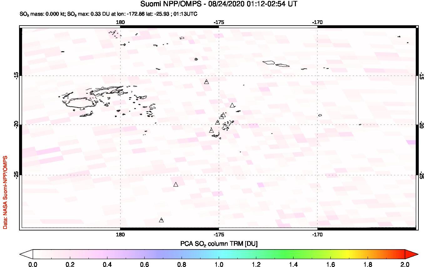 A sulfur dioxide image over Tonga, South Pacific on Aug 24, 2020.