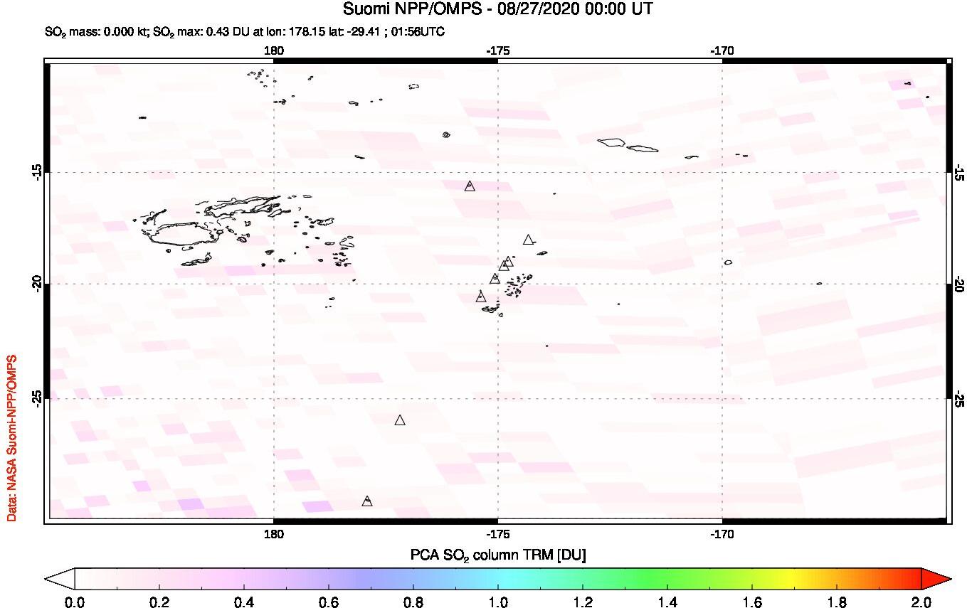 A sulfur dioxide image over Tonga, South Pacific on Aug 27, 2020.