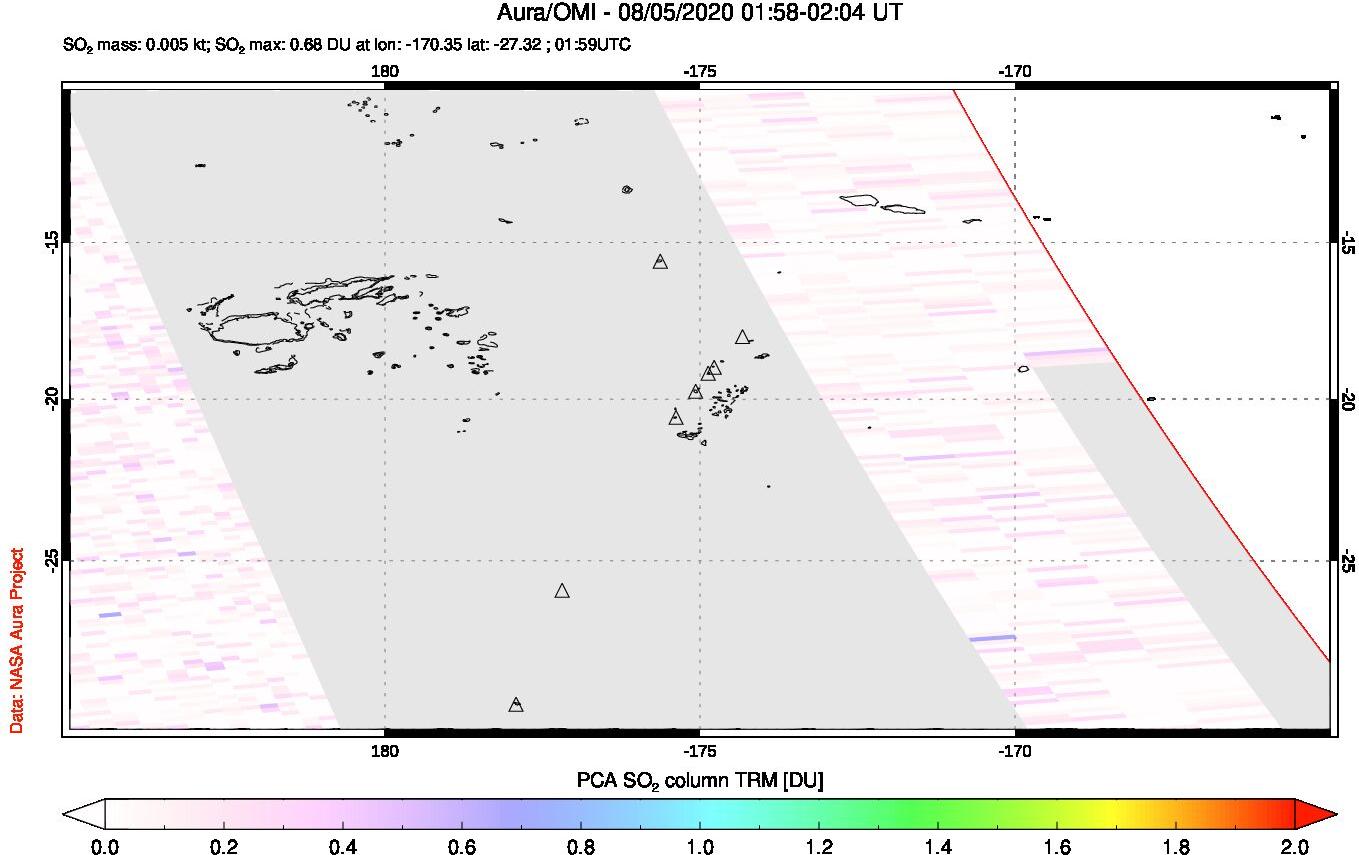 A sulfur dioxide image over Tonga, South Pacific on Aug 05, 2020.