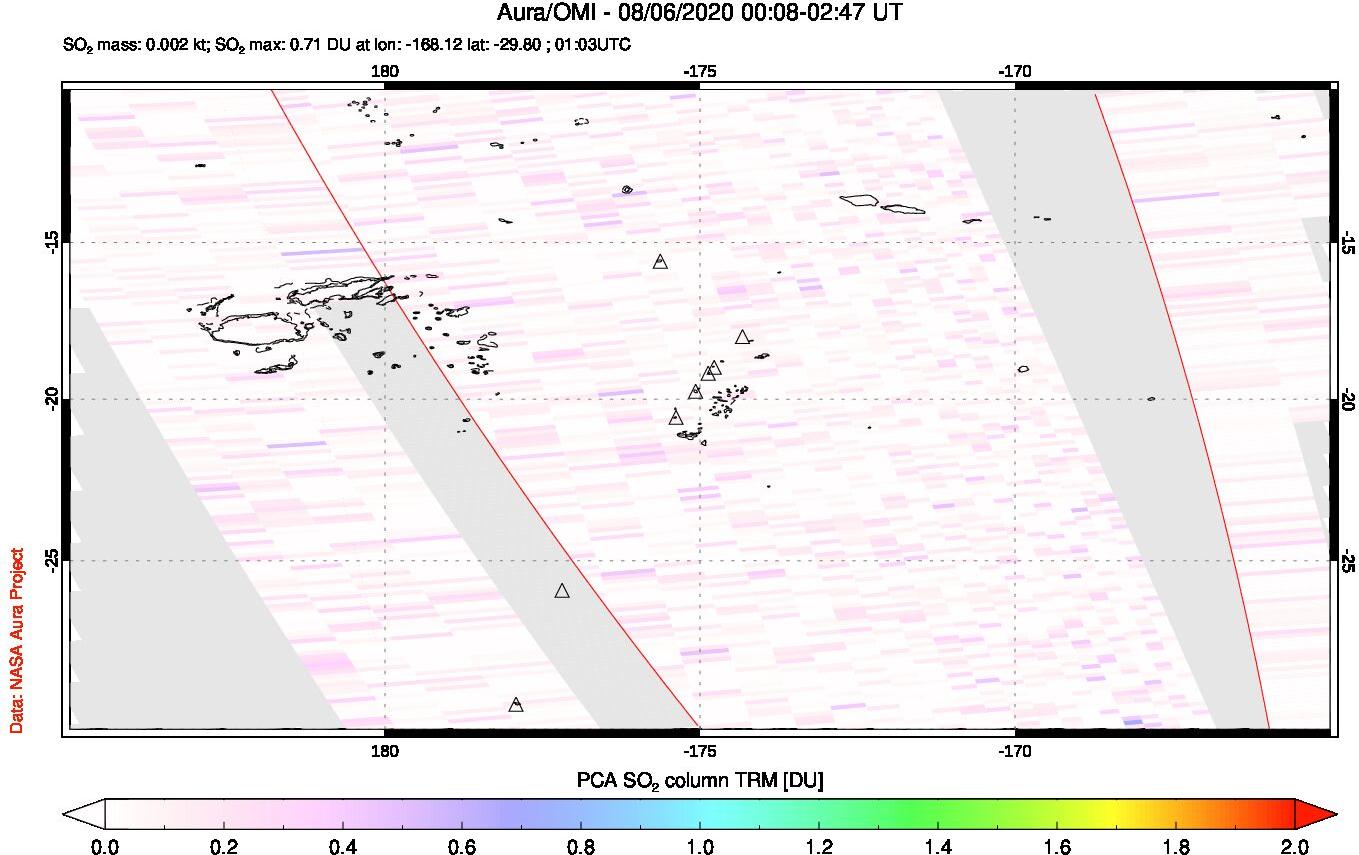 A sulfur dioxide image over Tonga, South Pacific on Aug 06, 2020.