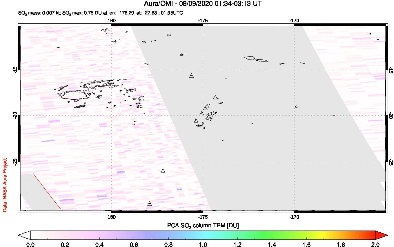 A sulfur dioxide image over Tonga, South Pacific on Aug 09, 2020.