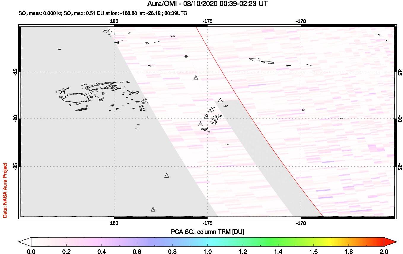 A sulfur dioxide image over Tonga, South Pacific on Aug 10, 2020.