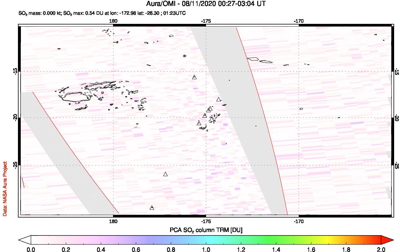 A sulfur dioxide image over Tonga, South Pacific on Aug 11, 2020.