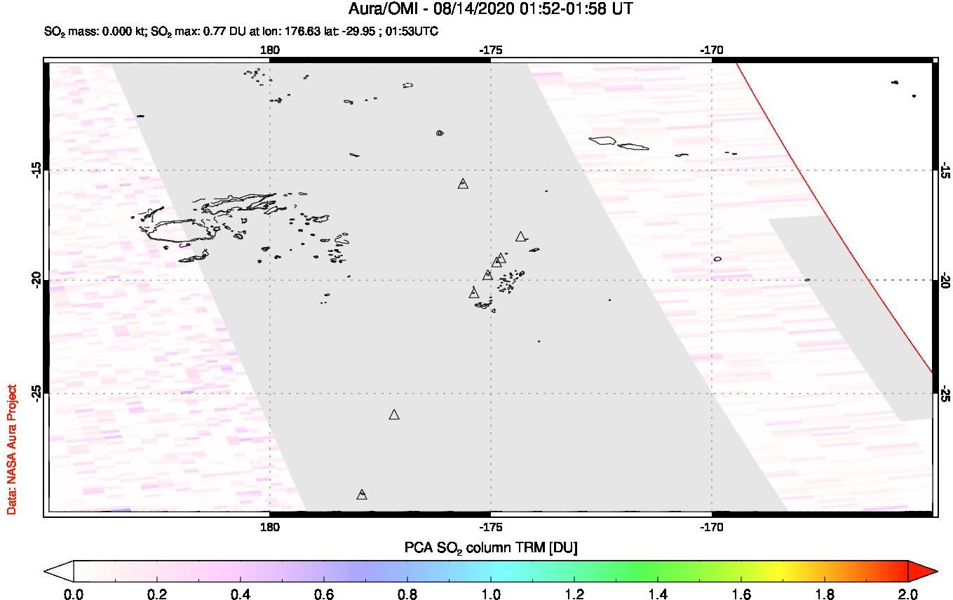 A sulfur dioxide image over Tonga, South Pacific on Aug 14, 2020.