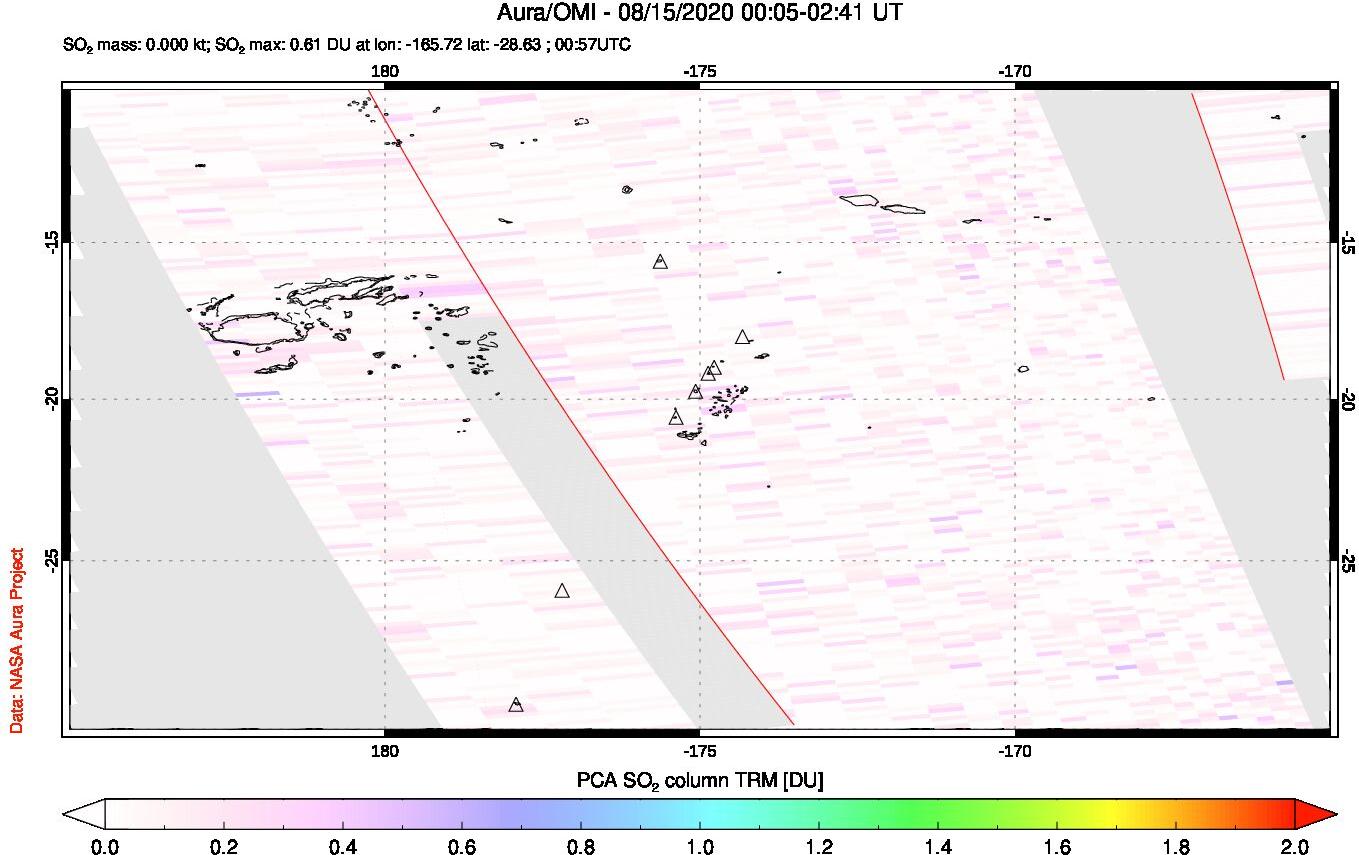 A sulfur dioxide image over Tonga, South Pacific on Aug 15, 2020.