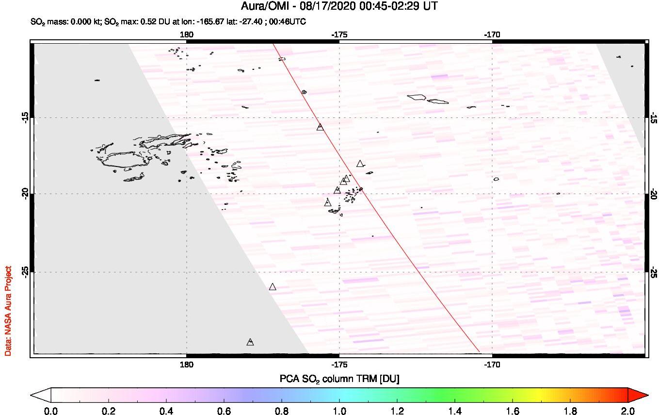 A sulfur dioxide image over Tonga, South Pacific on Aug 17, 2020.