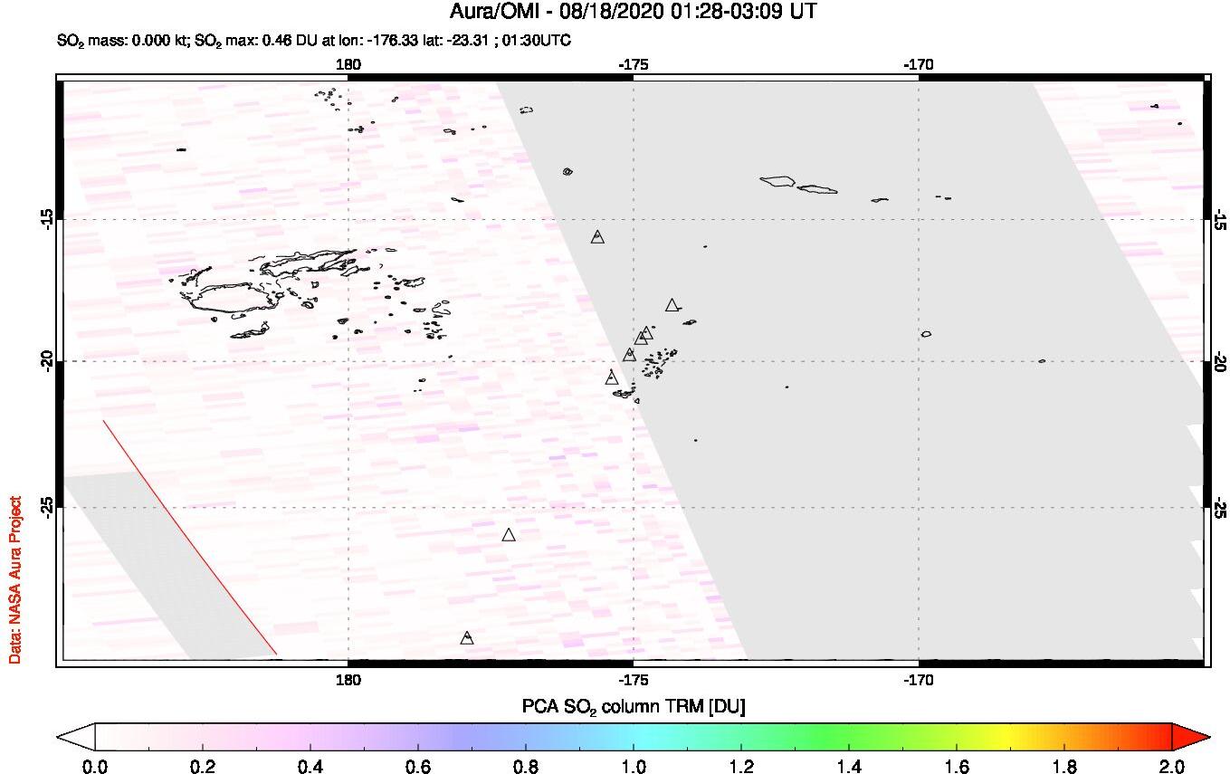 A sulfur dioxide image over Tonga, South Pacific on Aug 18, 2020.
