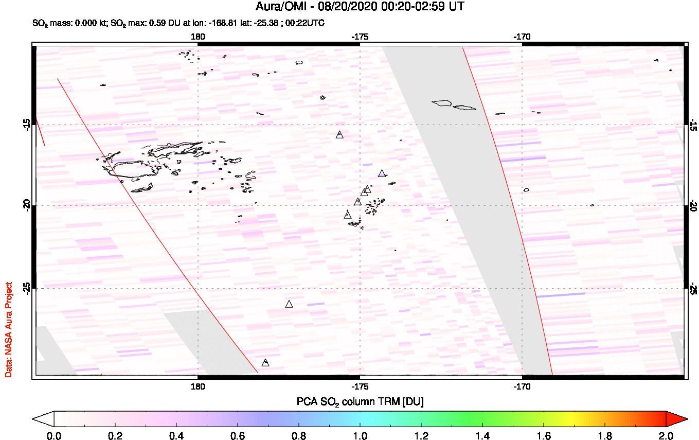 A sulfur dioxide image over Tonga, South Pacific on Aug 20, 2020.