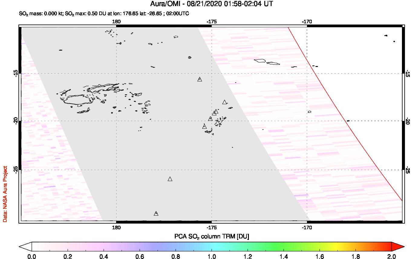 A sulfur dioxide image over Tonga, South Pacific on Aug 21, 2020.