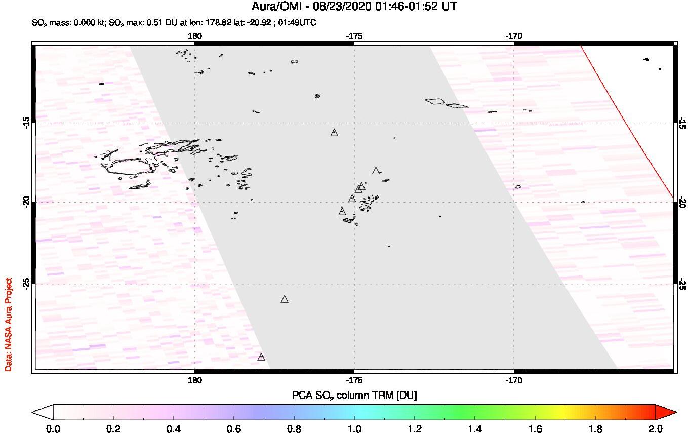 A sulfur dioxide image over Tonga, South Pacific on Aug 23, 2020.