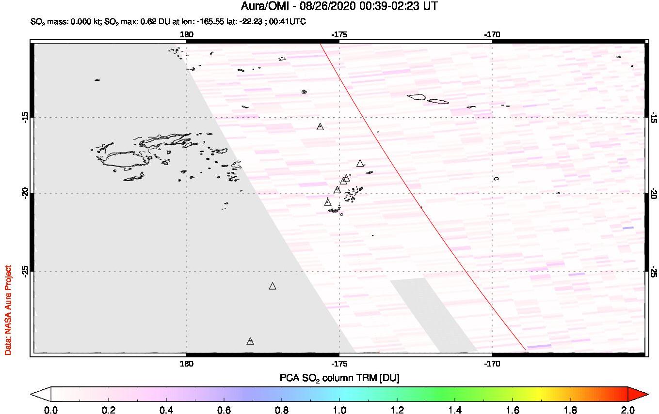 A sulfur dioxide image over Tonga, South Pacific on Aug 26, 2020.