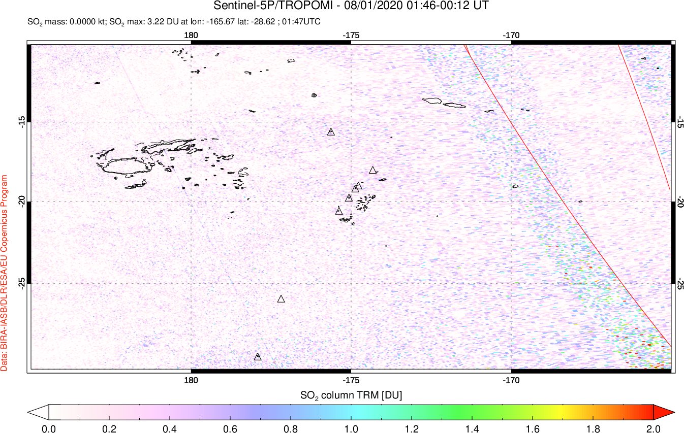 A sulfur dioxide image over Tonga, South Pacific on Aug 01, 2020.