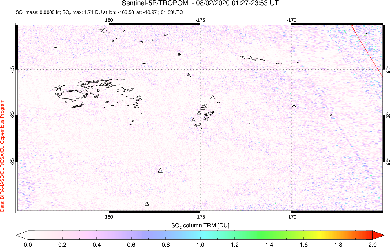 A sulfur dioxide image over Tonga, South Pacific on Aug 02, 2020.