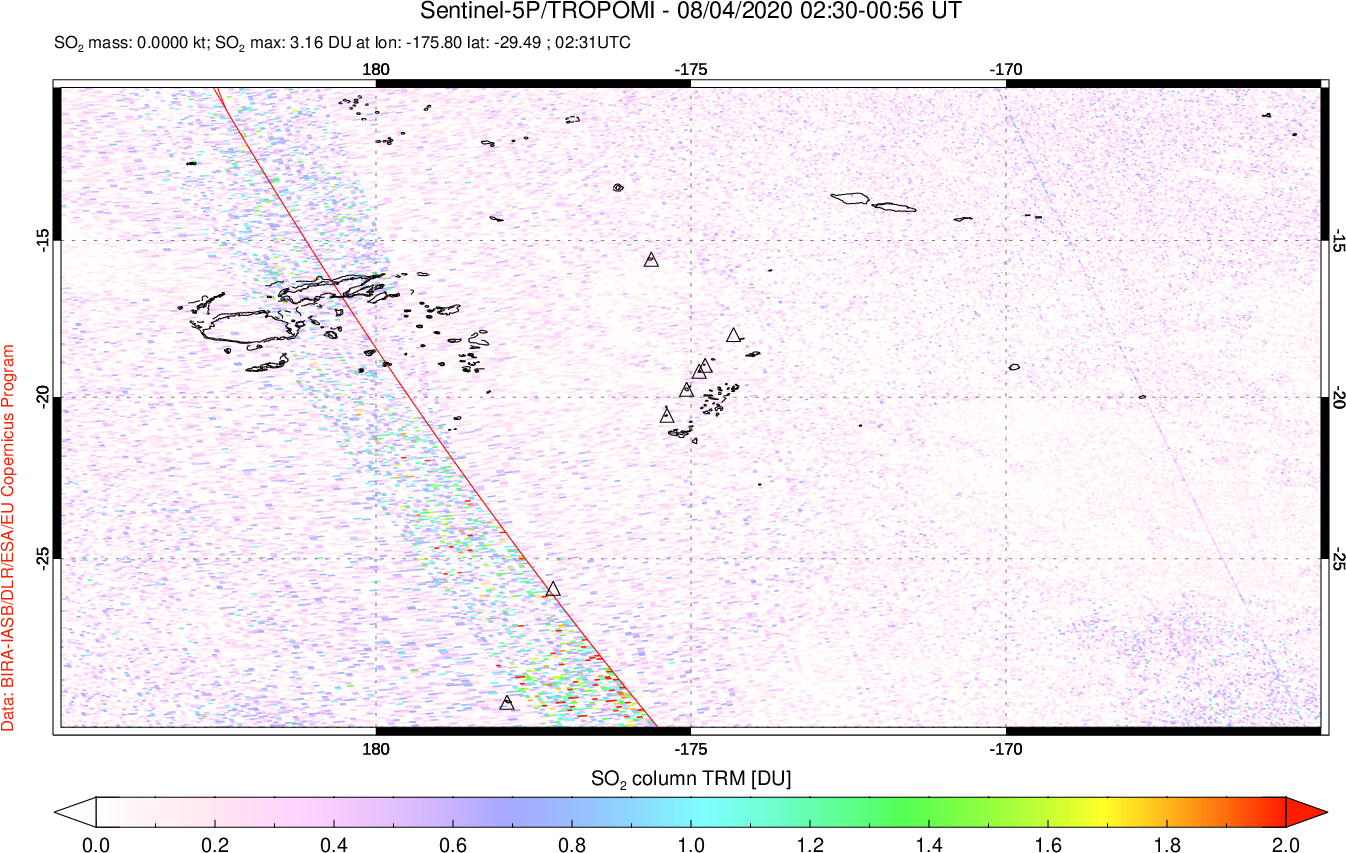 A sulfur dioxide image over Tonga, South Pacific on Aug 04, 2020.