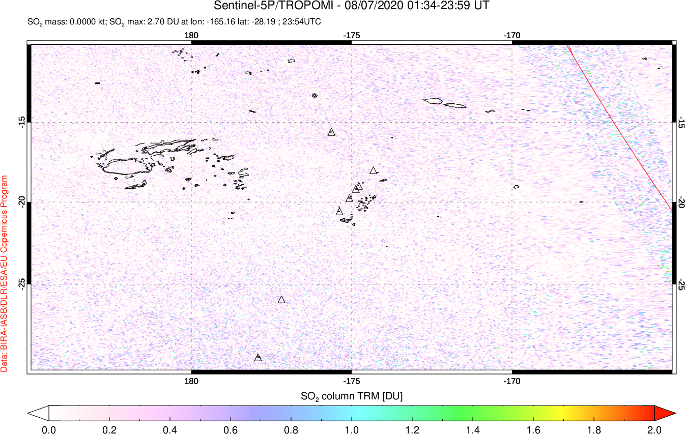 A sulfur dioxide image over Tonga, South Pacific on Aug 07, 2020.