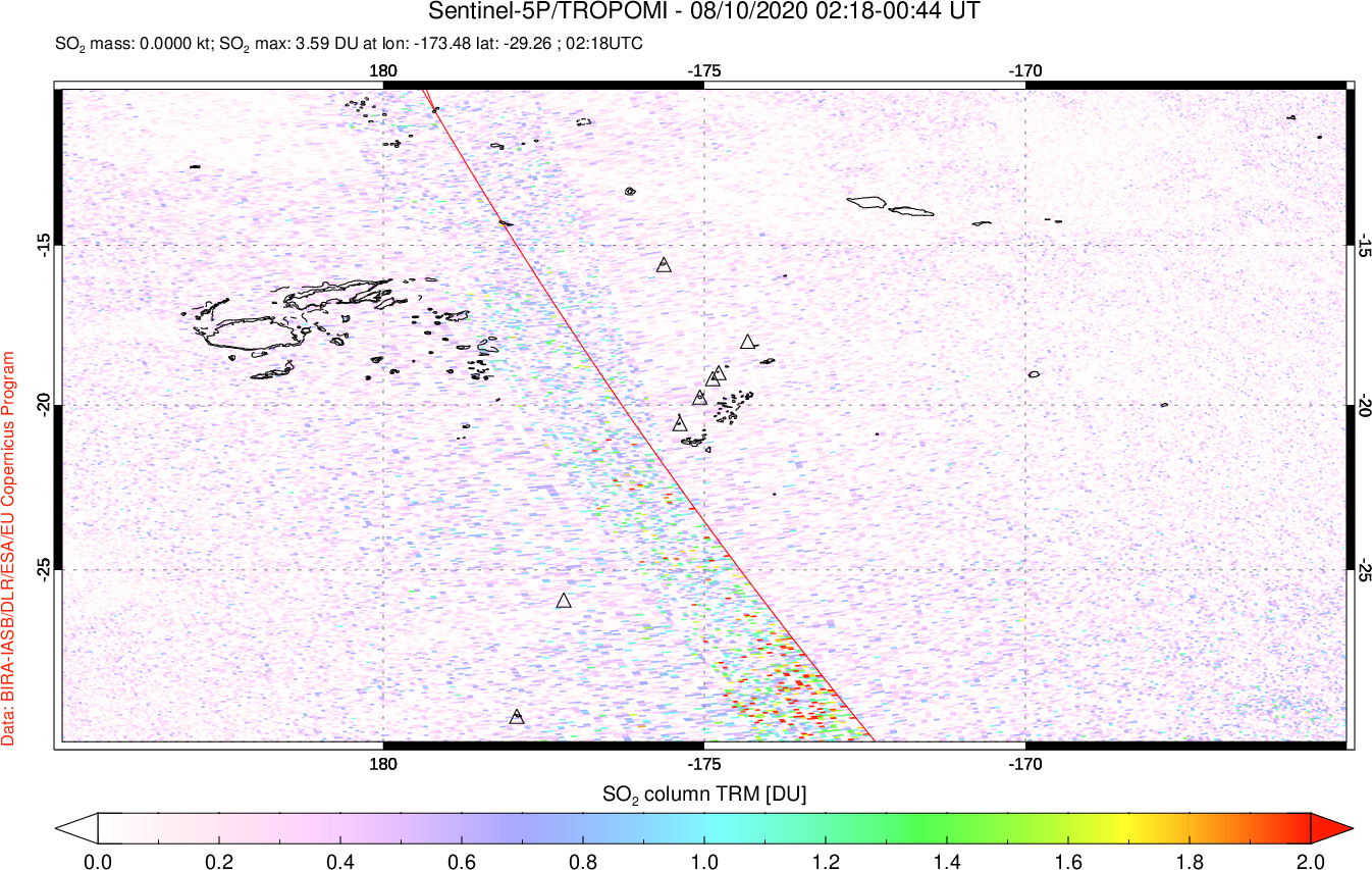 A sulfur dioxide image over Tonga, South Pacific on Aug 10, 2020.