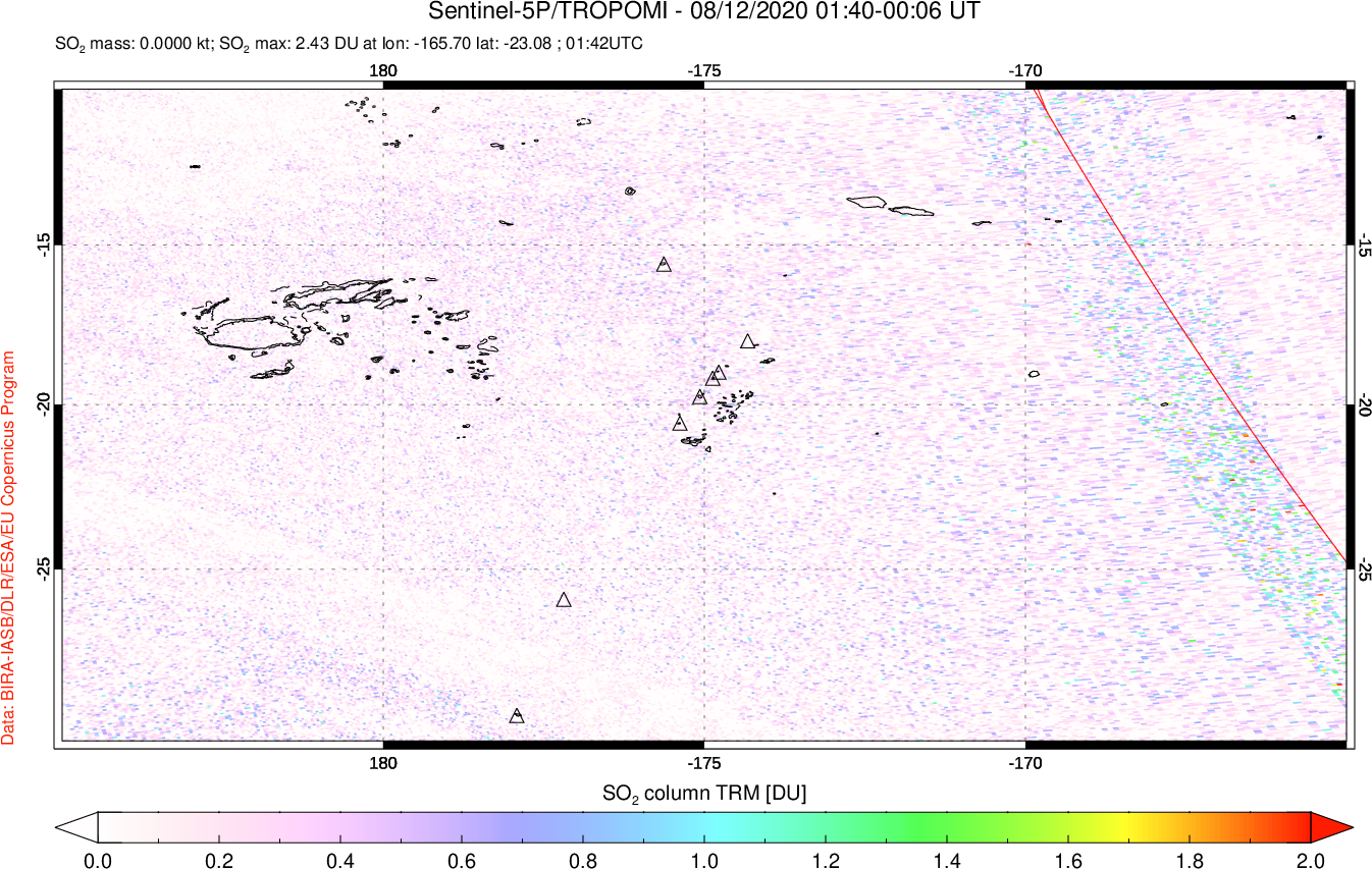 A sulfur dioxide image over Tonga, South Pacific on Aug 12, 2020.