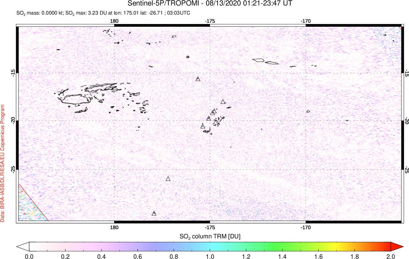 A sulfur dioxide image over Tonga, South Pacific on Aug 13, 2020.