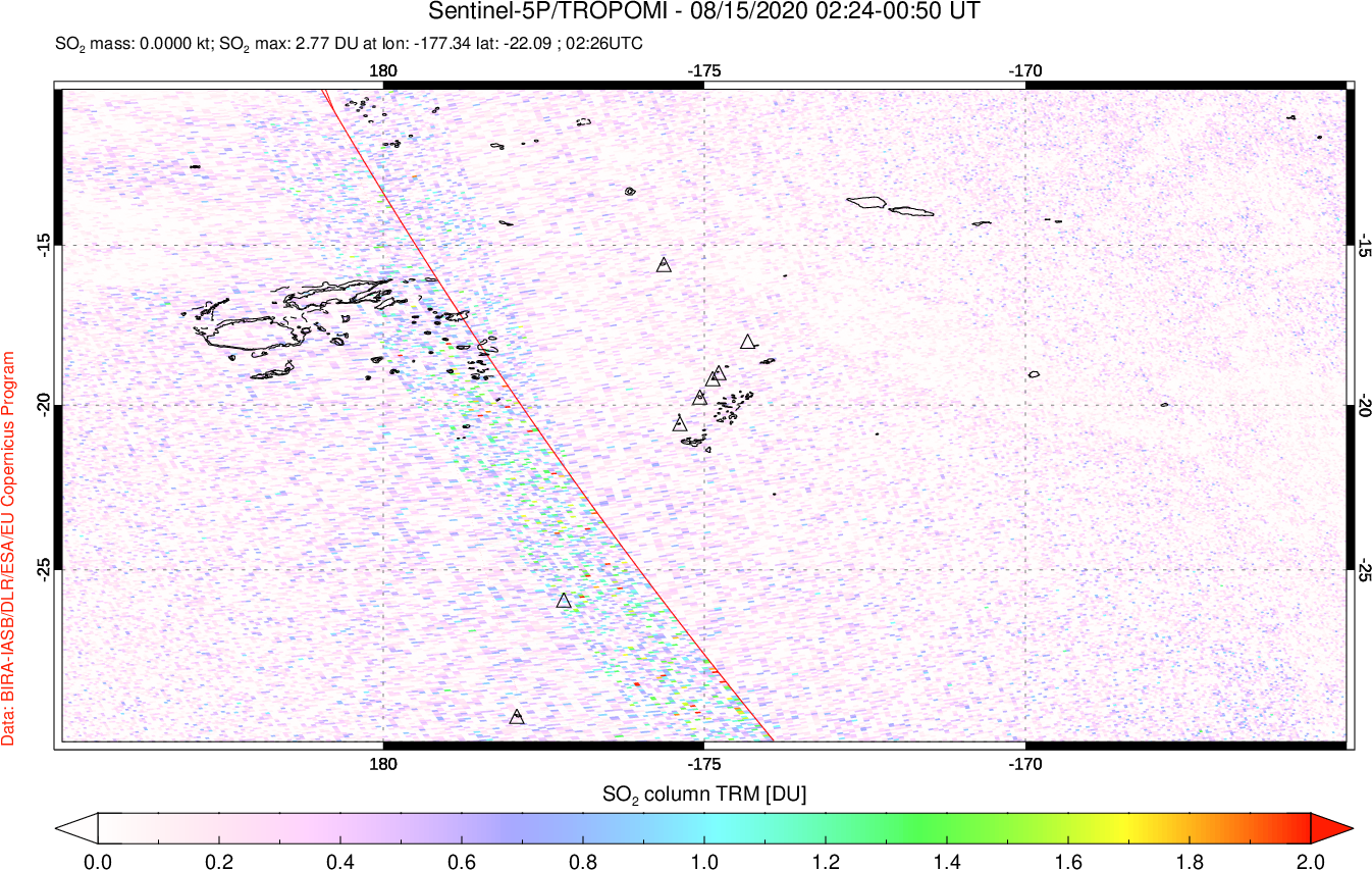 A sulfur dioxide image over Tonga, South Pacific on Aug 15, 2020.