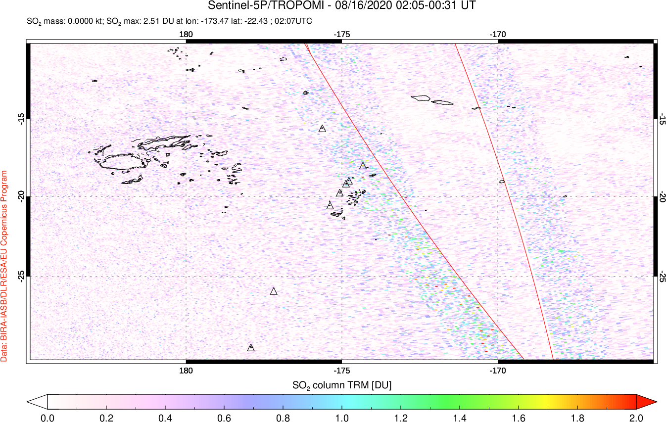 A sulfur dioxide image over Tonga, South Pacific on Aug 16, 2020.