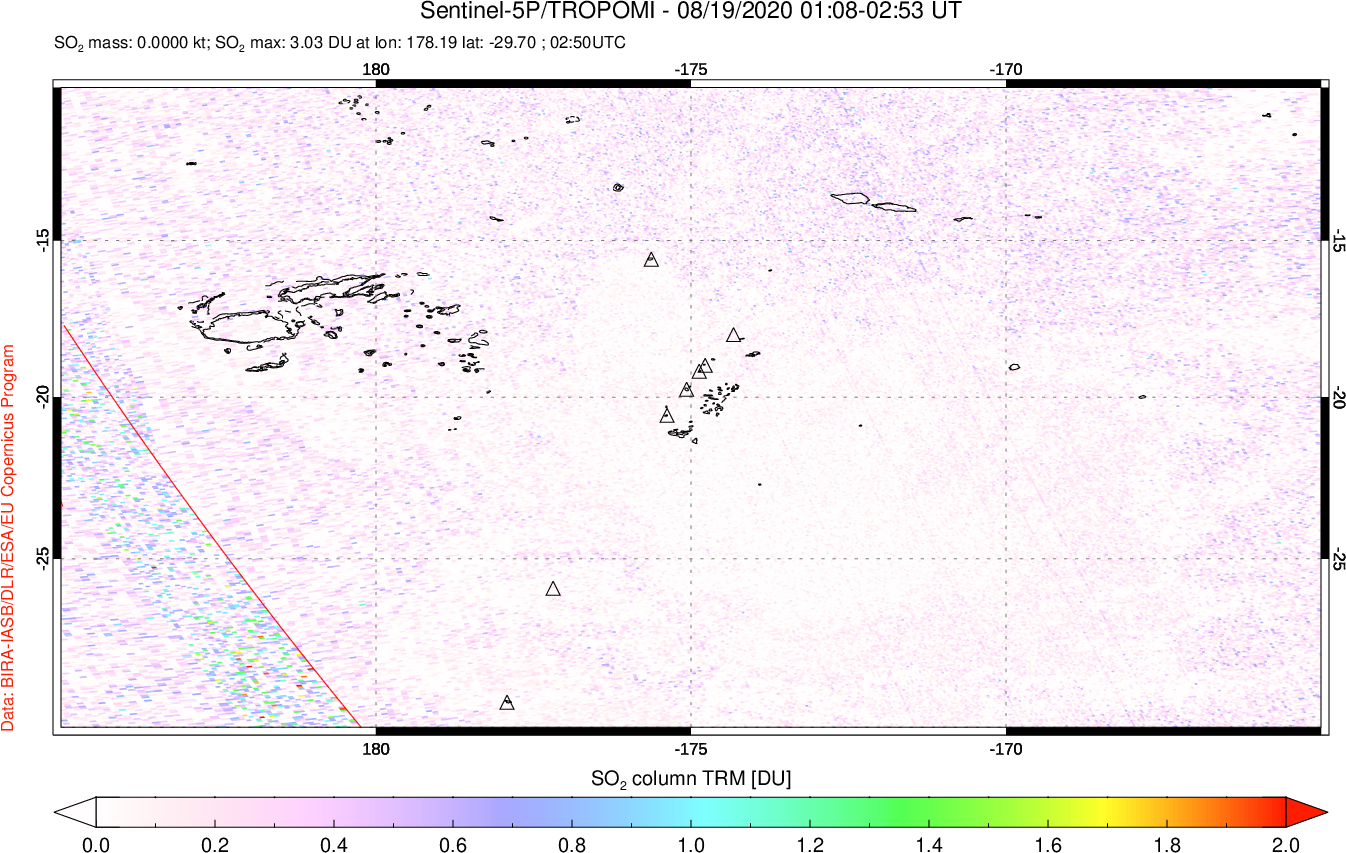 A sulfur dioxide image over Tonga, South Pacific on Aug 19, 2020.