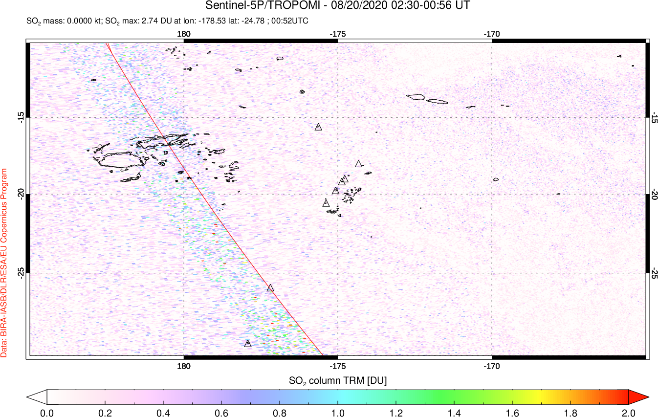 A sulfur dioxide image over Tonga, South Pacific on Aug 20, 2020.