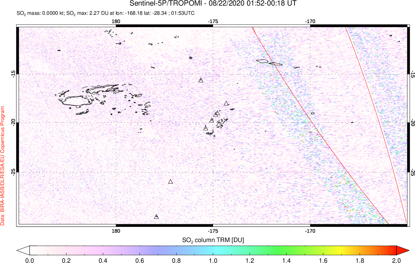 A sulfur dioxide image over Tonga, South Pacific on Aug 22, 2020.