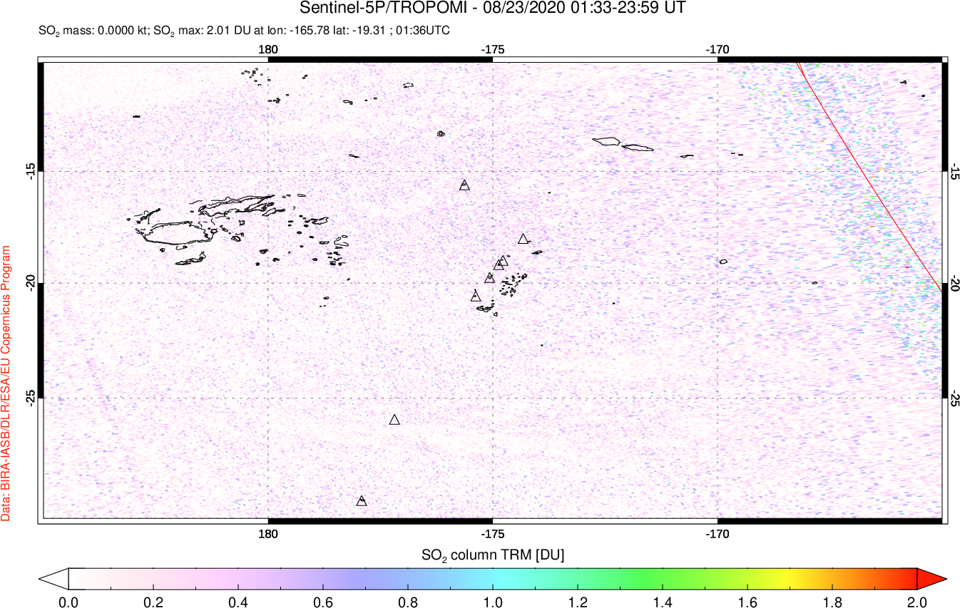A sulfur dioxide image over Tonga, South Pacific on Aug 23, 2020.