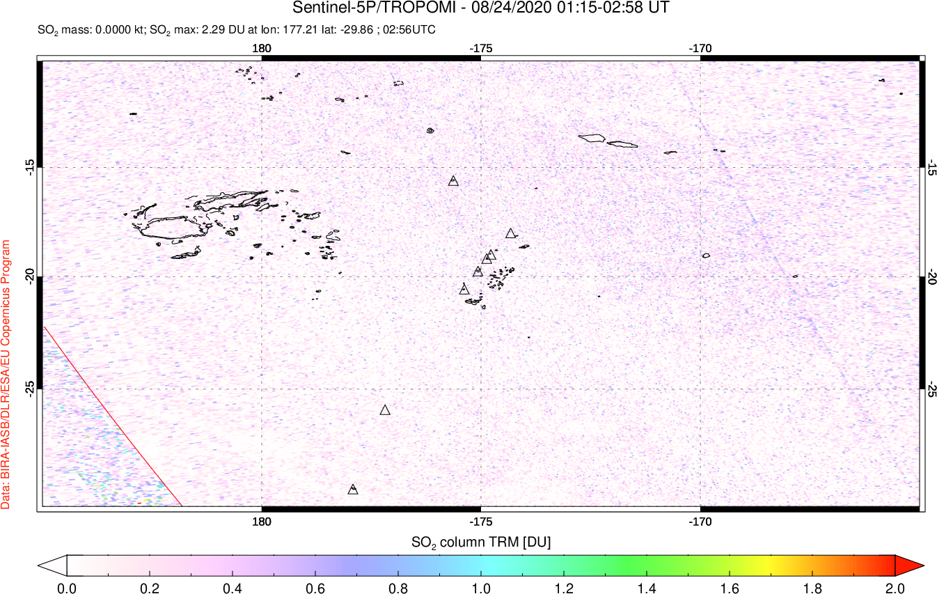 A sulfur dioxide image over Tonga, South Pacific on Aug 24, 2020.