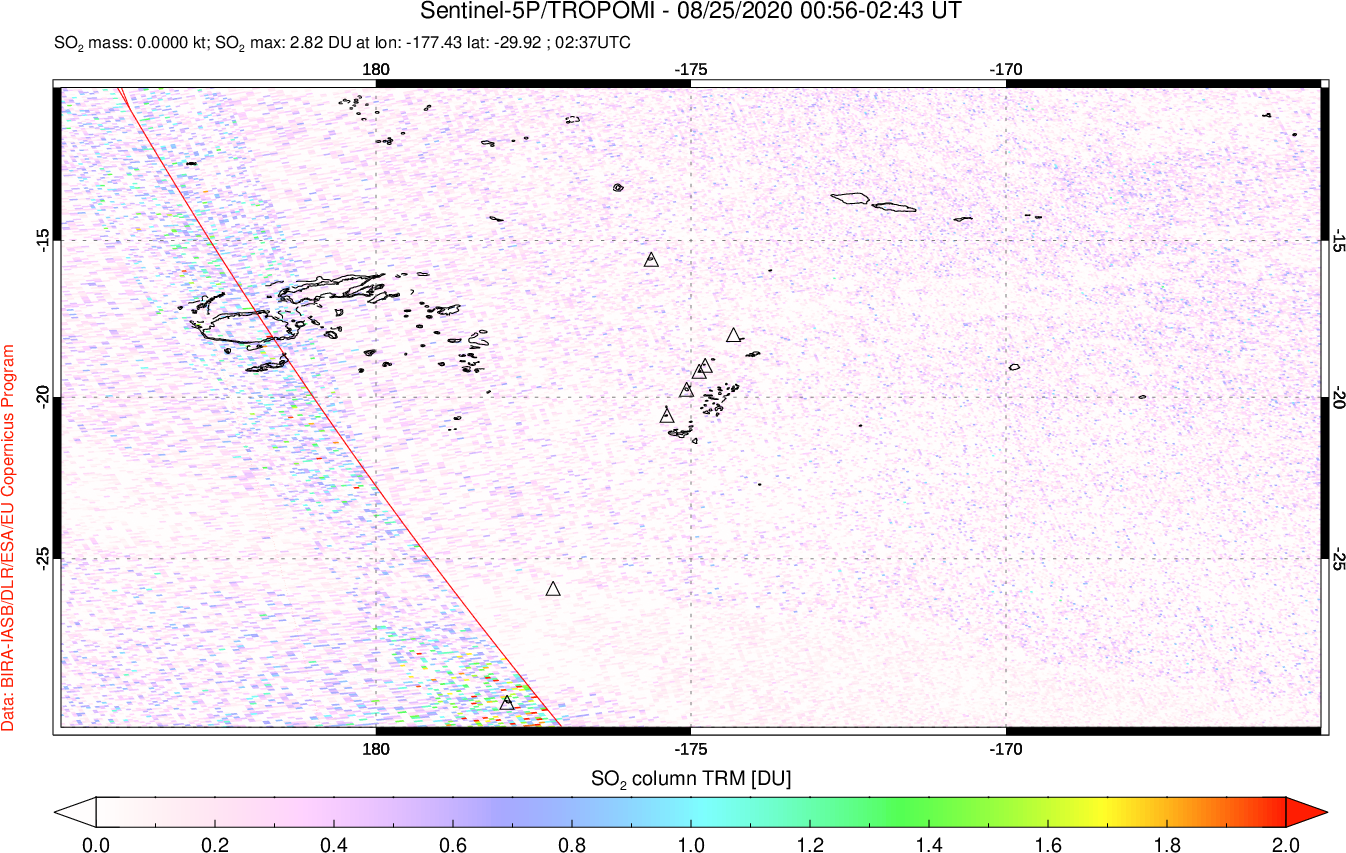 A sulfur dioxide image over Tonga, South Pacific on Aug 25, 2020.