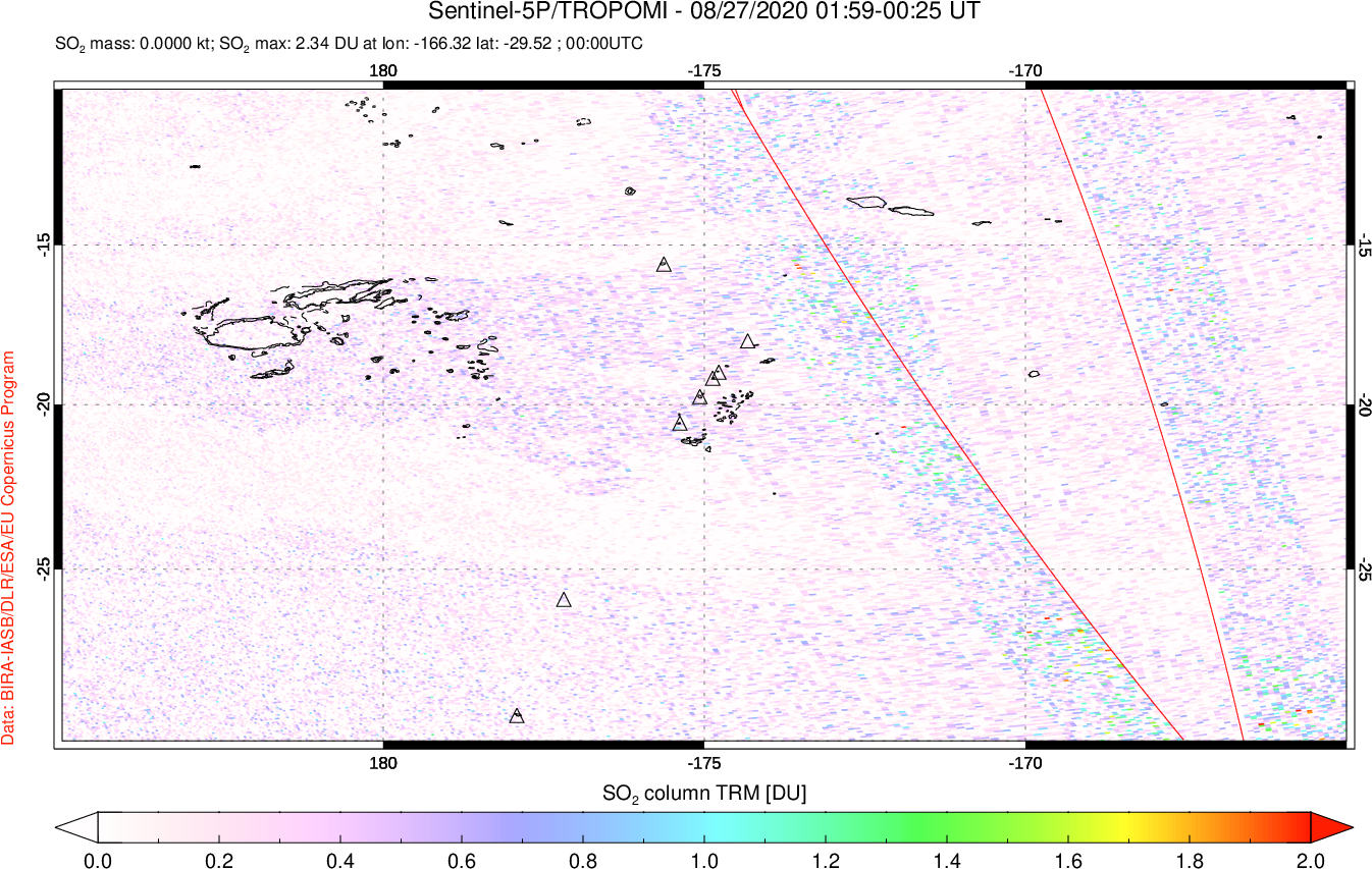 A sulfur dioxide image over Tonga, South Pacific on Aug 27, 2020.