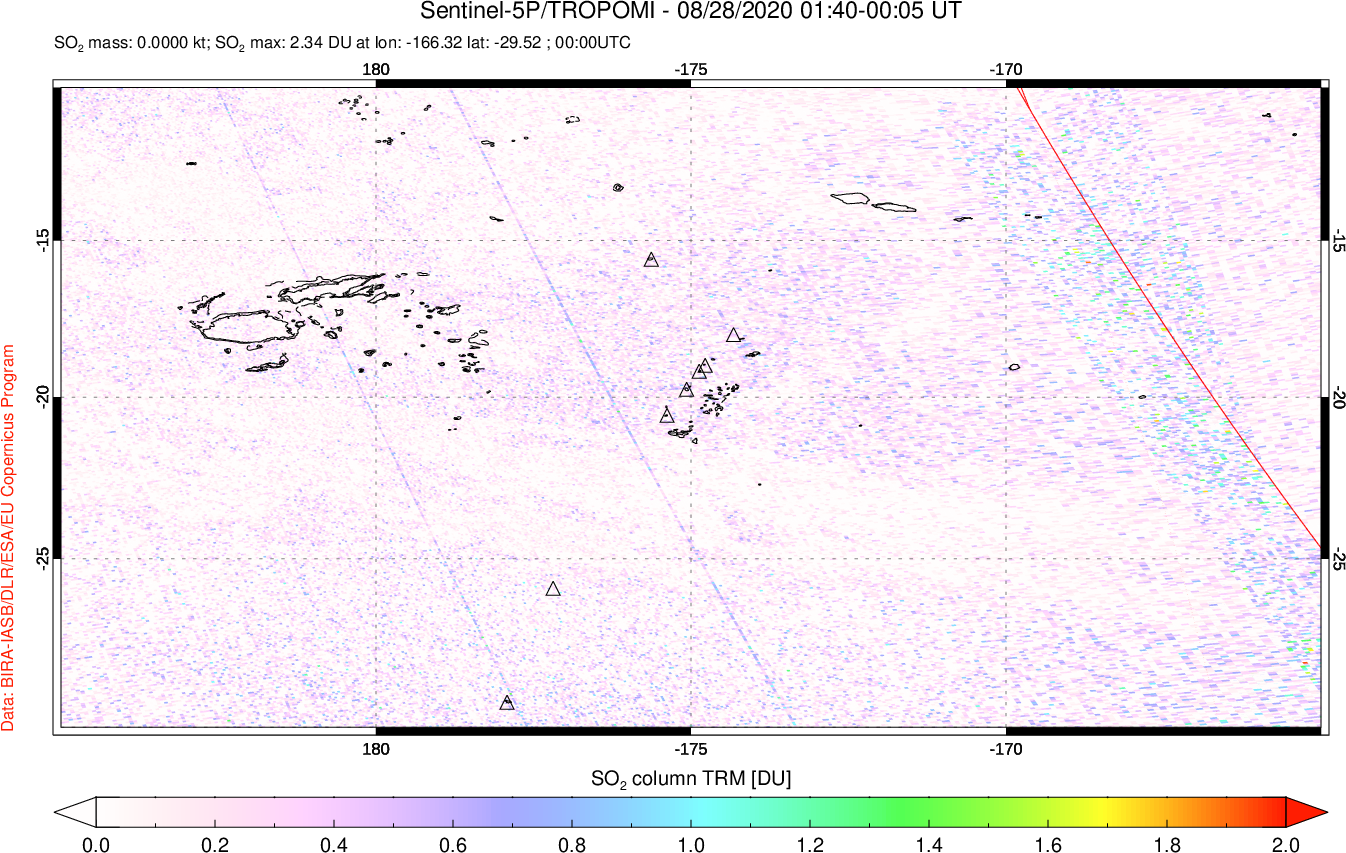 A sulfur dioxide image over Tonga, South Pacific on Aug 28, 2020.