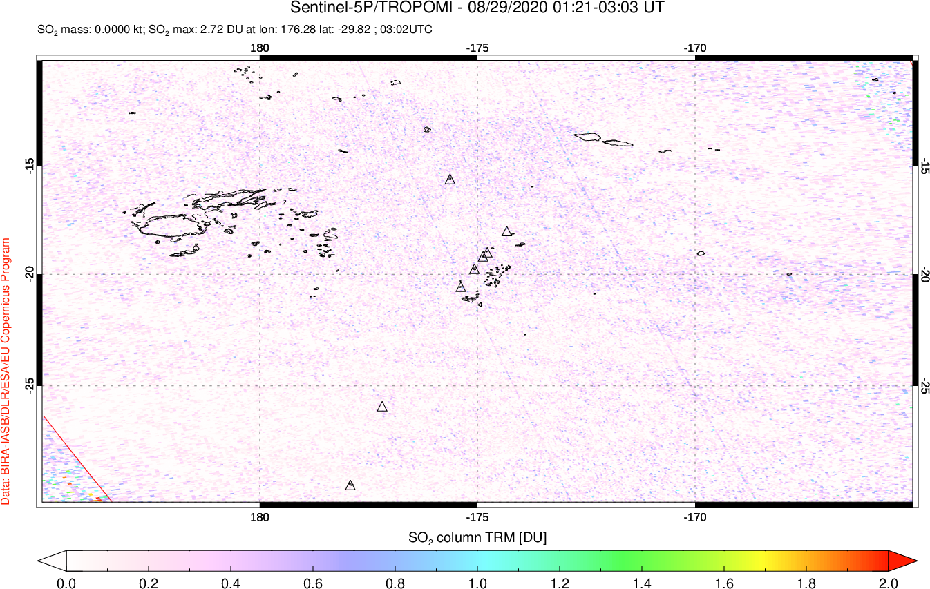 A sulfur dioxide image over Tonga, South Pacific on Aug 29, 2020.