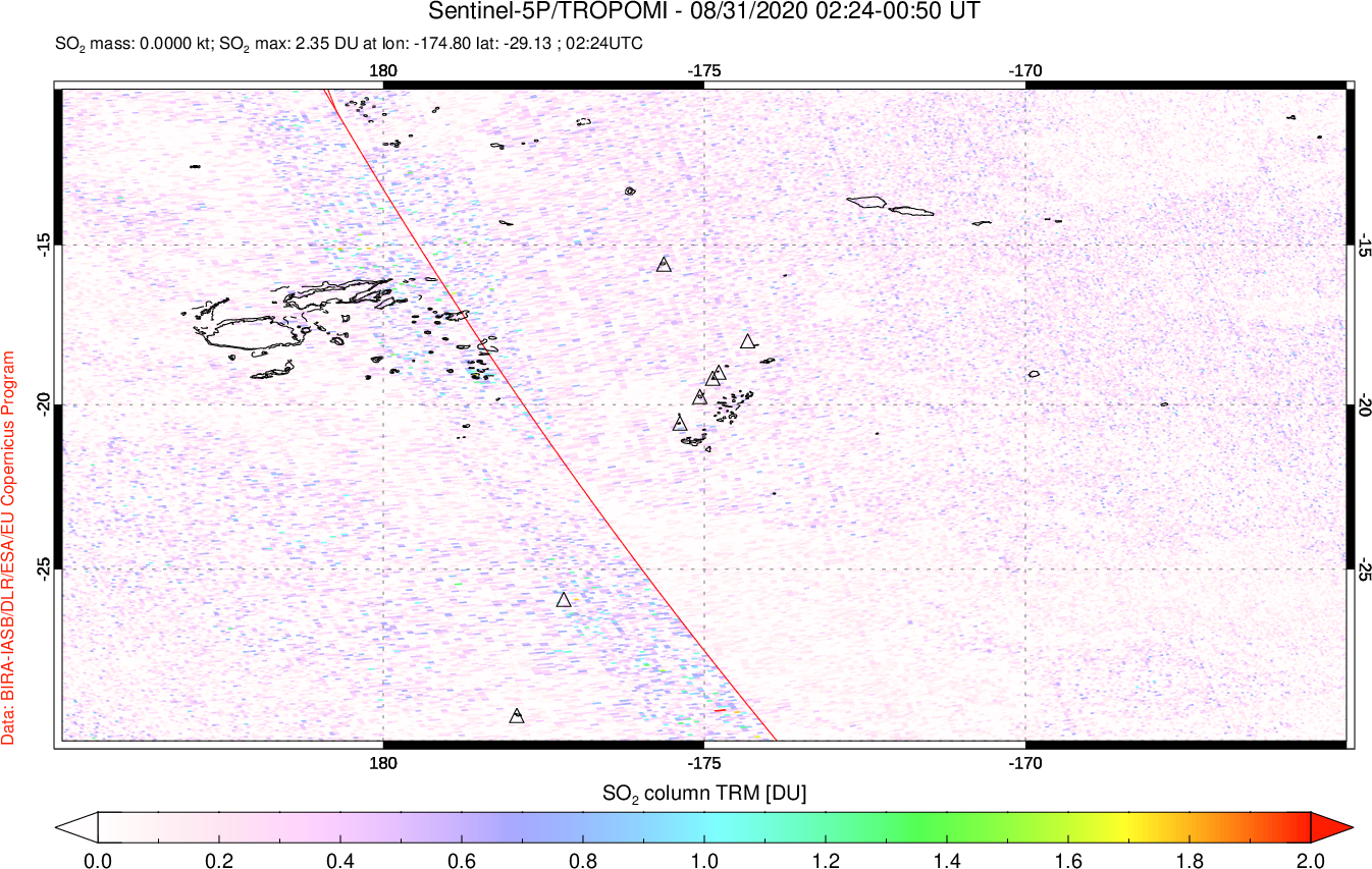 A sulfur dioxide image over Tonga, South Pacific on Aug 31, 2020.