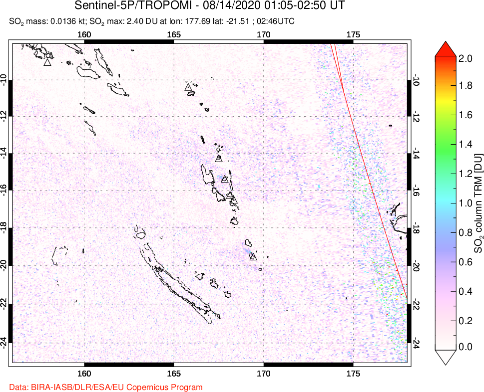 A sulfur dioxide image over Vanuatu, South Pacific on Aug 14, 2020.