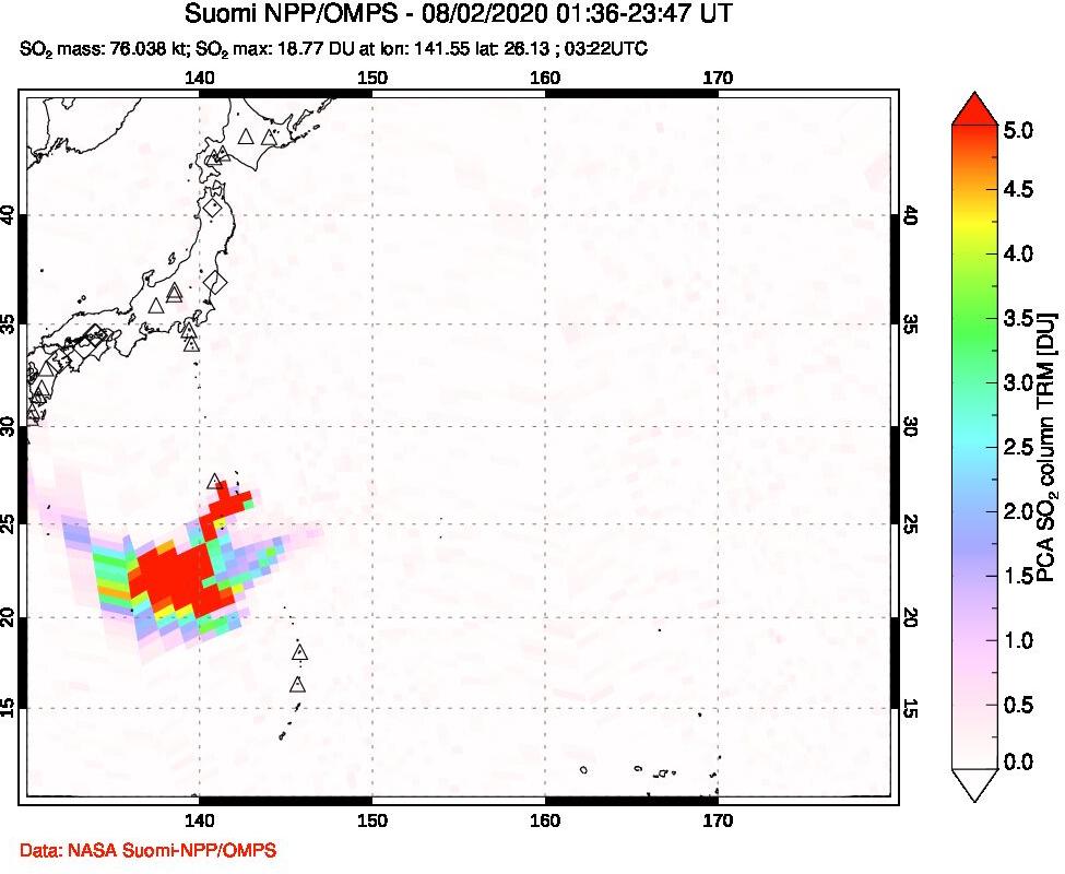 A sulfur dioxide image over Western Pacific on Aug 02, 2020.