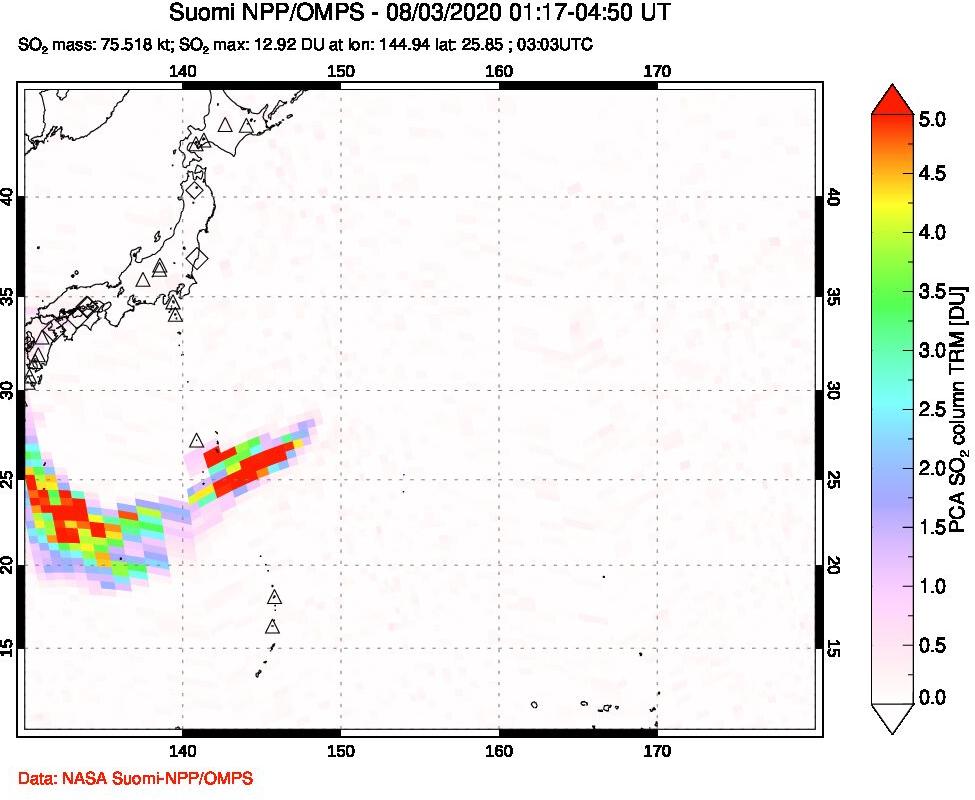 A sulfur dioxide image over Western Pacific on Aug 03, 2020.