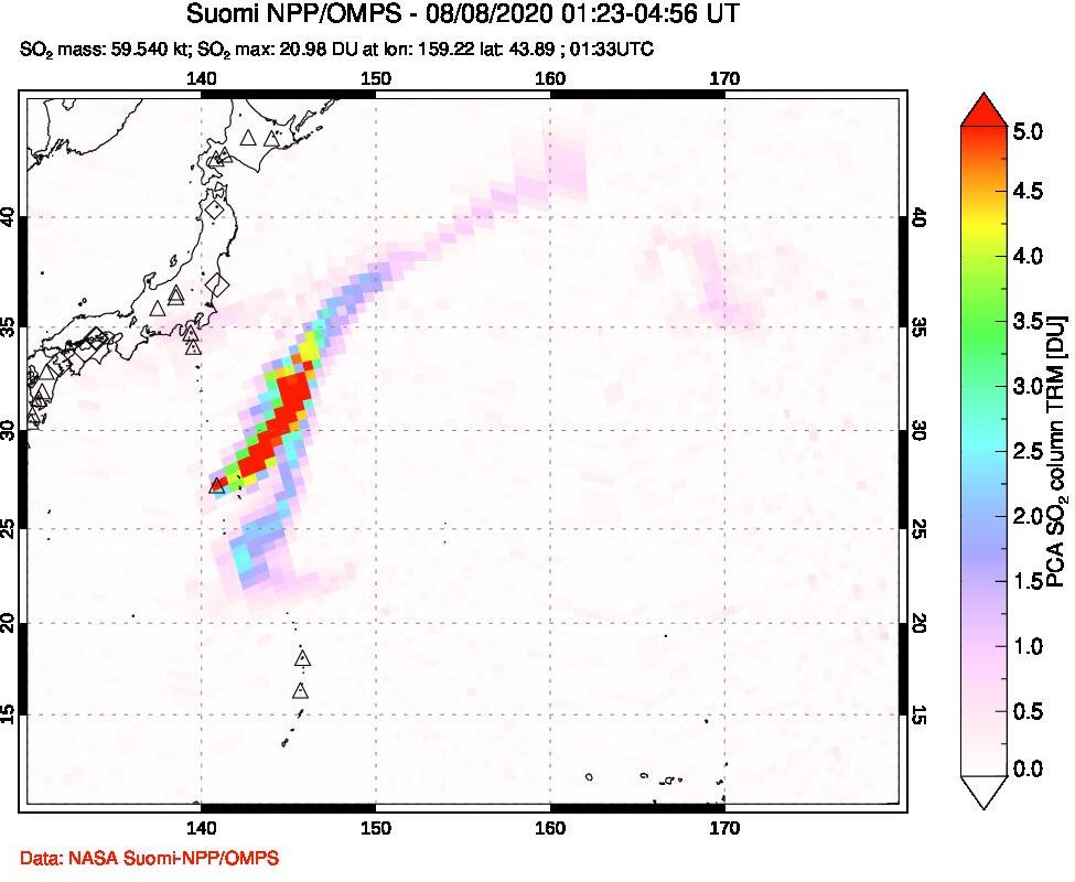 A sulfur dioxide image over Western Pacific on Aug 08, 2020.