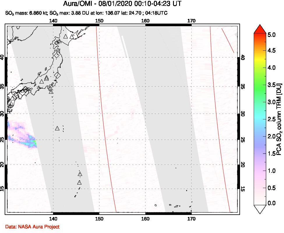 A sulfur dioxide image over Western Pacific on Aug 01, 2020.