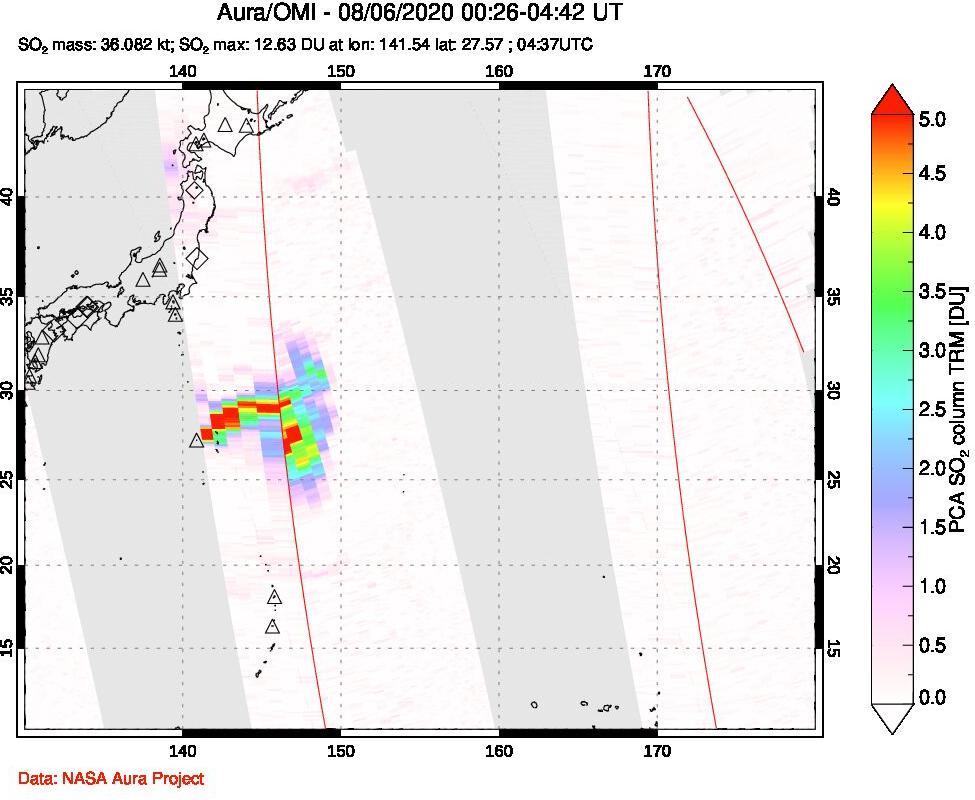 A sulfur dioxide image over Western Pacific on Aug 06, 2020.