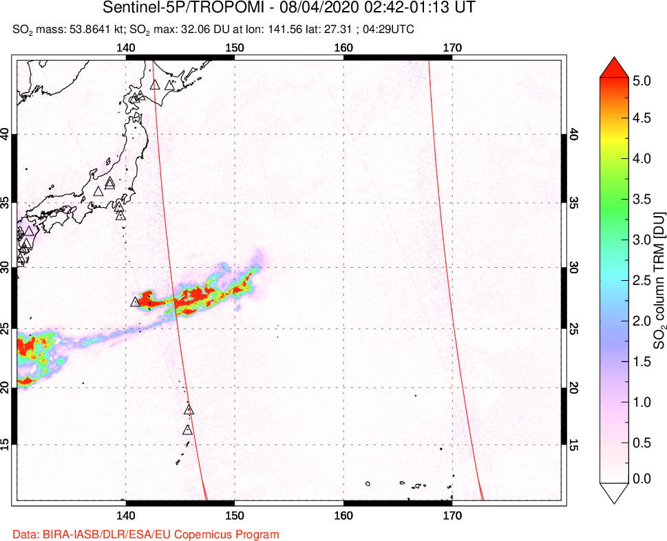 A sulfur dioxide image over Western Pacific on Aug 04, 2020.