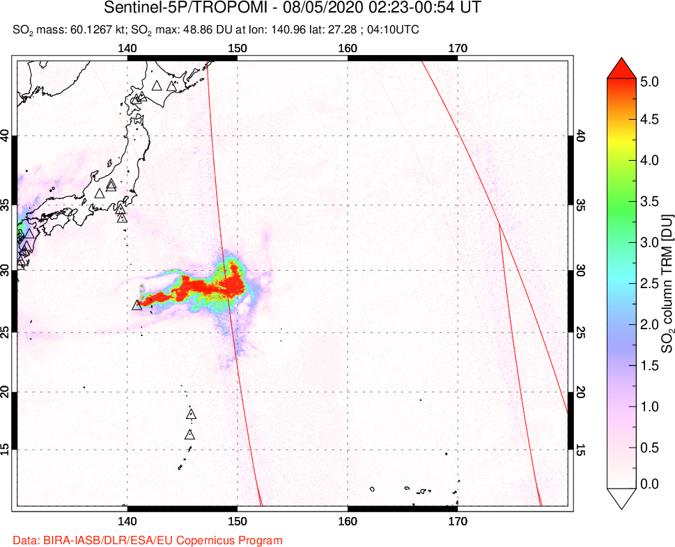 A sulfur dioxide image over Western Pacific on Aug 05, 2020.